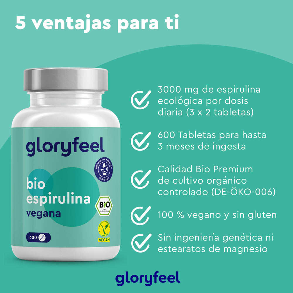 Presentamos las Tabletas de Espirulina Ecológica de GloryFeel GmbH España, un suplemento ecológico con 600 tabletas orgánicas, veganas, sin gluten y sin OMG. Con certificación de calidad y ricas en vitaminas esenciales.