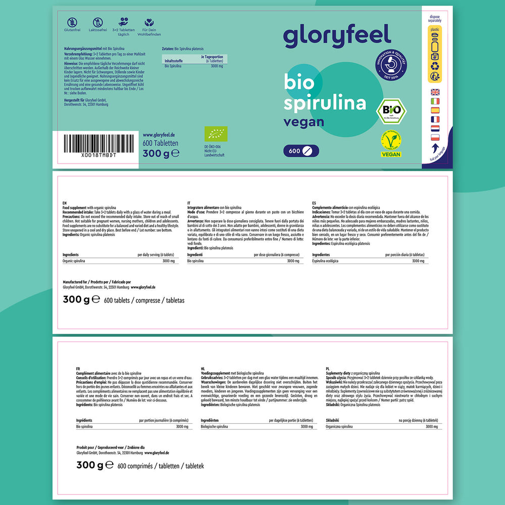 El envase de Espirulina Ecológica - Tabletas de GloryFeel GmbH España presenta logotipos, texto y detalles de los ingredientes para 600 tabletas, destacando su rico contenido en vitamina B12.