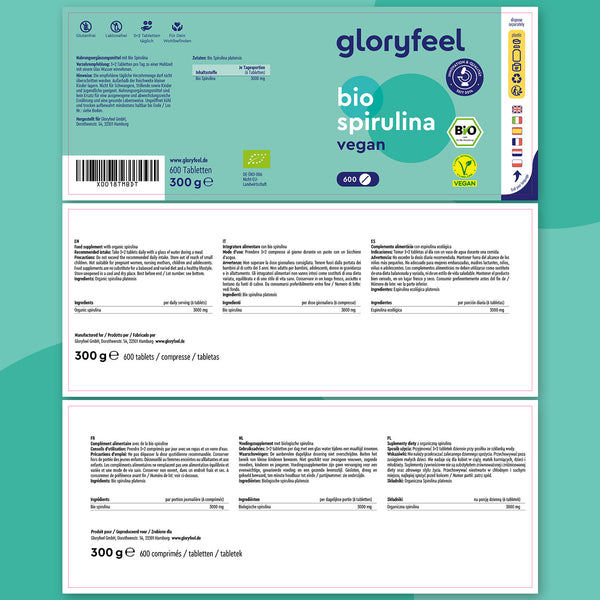 El envase de Espirulina Ecológica - Tabletas de GloryFeel GmbH España presenta logotipos, texto y detalles de los ingredientes para 600 tabletas, destacando su rico contenido en vitamina B12.