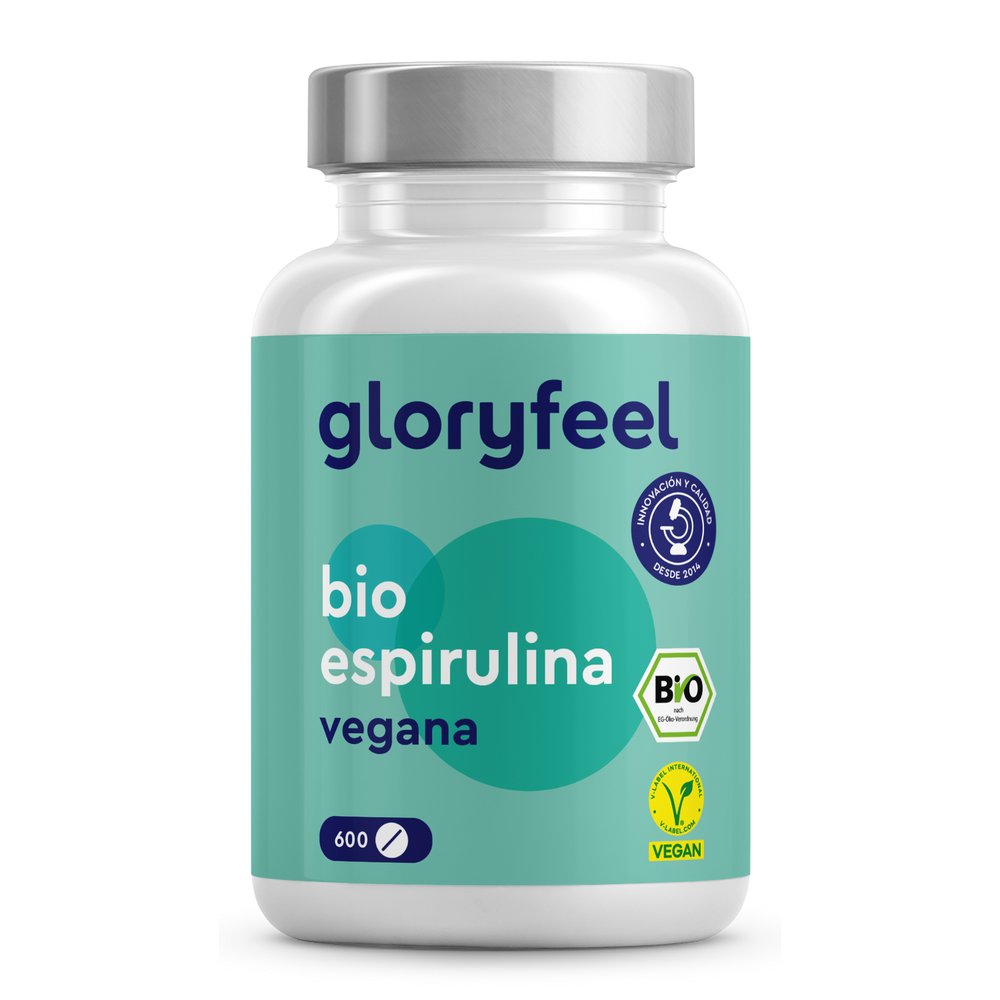 La Espirulina Ecológica - Tabletas de GloryFeel GmbH España cuenta con una etiqueta verde con 600 tabletas, lo que destaca su dedicación a la espirulina orgánica. Este suplemento alimenticio de alta calidad proporciona cianobacterias ricas en nutrientes para tu rutina diaria de salud.