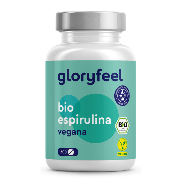 La Espirulina Ecológica - Tabletas de GloryFeel GmbH España cuenta con una etiqueta verde con 600 tabletas, lo que destaca su dedicación a la espirulina orgánica. Este suplemento alimenticio de alta calidad proporciona cianobacterias ricas en nutrientes para tu rutina diaria de salud.