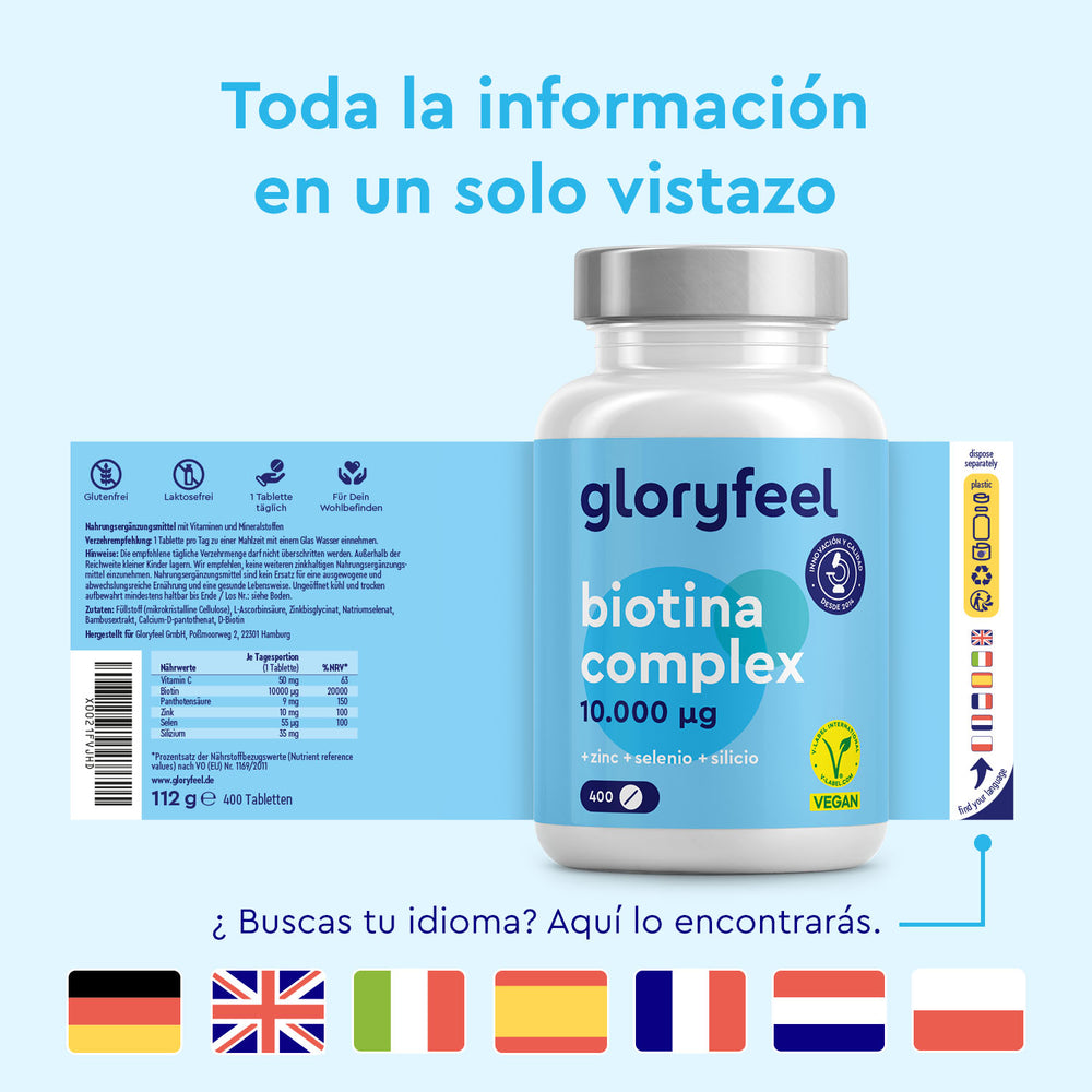Una botella de Biotina Complex de gloryfeel GmbH España, con 10.000 µg de biotina, se presenta con texto azul y banderas que resaltan detalles multilingües, destacando su papel en la salud capilar. El logotipo vegano garantiza aún más la calidad.