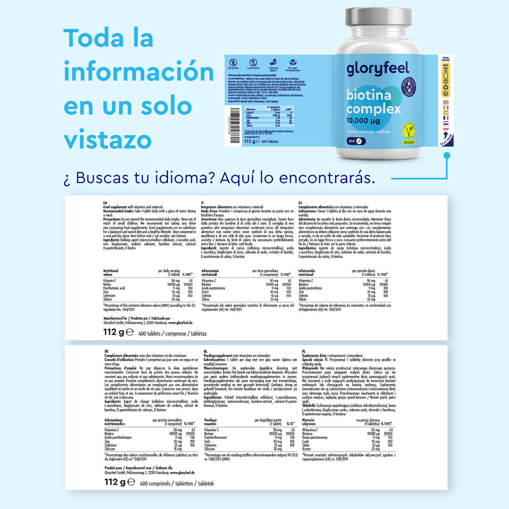 La etiqueta Biotina Complex de gloryfeel GmbH España proporciona información nutricional en español y detalles multilingües, enfatizando la biotina como una vitamina B esencial para la salud del cabello y ofreciendo opciones de traducción versátiles.