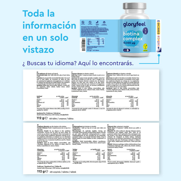 La etiqueta Biotina Complex de gloryfeel GmbH España proporciona información nutricional en español y detalles multilingües, enfatizando la biotina como una vitamina B esencial para la salud del cabello y ofreciendo opciones de traducción versátiles.