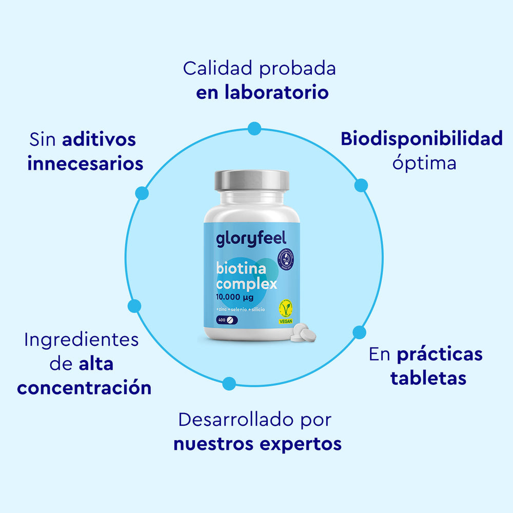 Biotina Complex de gloryfeel GmbH España ofrece biotina de alta concentración y óptima biodisponibilidad. Desarrollado por expertos y probado en laboratorio, promueve la salud capilar sin aditivos innecesarios en prácticos comprimidos.