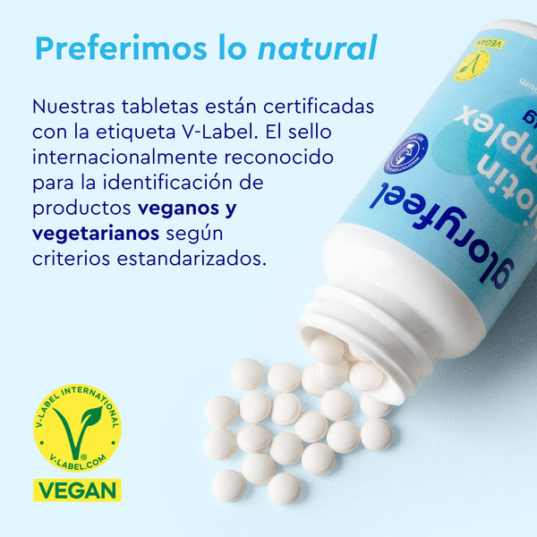 Un frasco de comprimidos blancos Biotina Complex de gloryfeel GmbH España cuenta con certificación vegana y una preferencia por ingredientes naturales. Enriquecido con biotina, favorece la salud capilar y aporta vitamina B esencial. Los comprimidos esparcidos realzan sus propiedades.