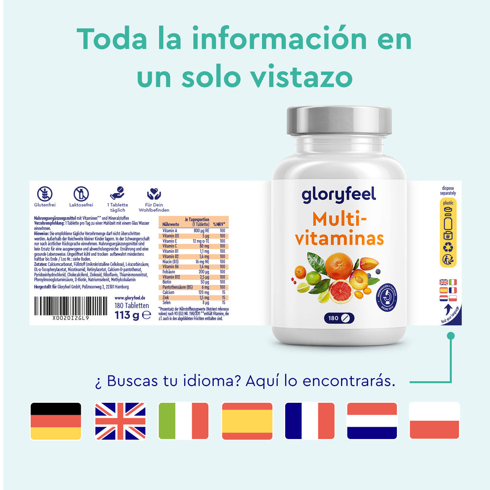 Multivitaminas en tabletas 180&quot; de GloryFeel GmbH España presenta una tabla nutricional y banderas de países multilingües, ofreciendo un refuerzo integral de vitaminas y minerales esenciales para las necesidades de salud diarias.