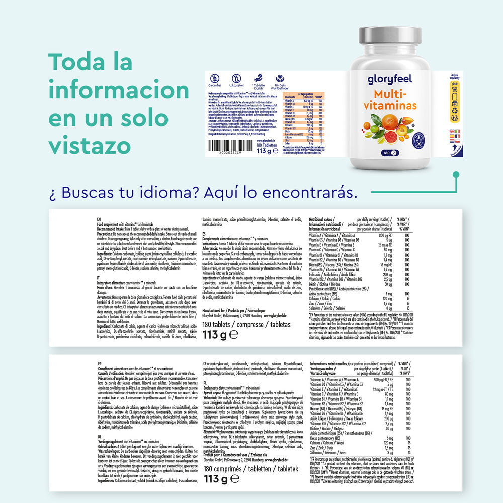 Multivitaminas en tabletas 180 de GloryFeel GmbH España presenta un etiquetado multilingüe en su botella y envase. Un fondo verde claro resalta las vitaminas y minerales esenciales que contiene.