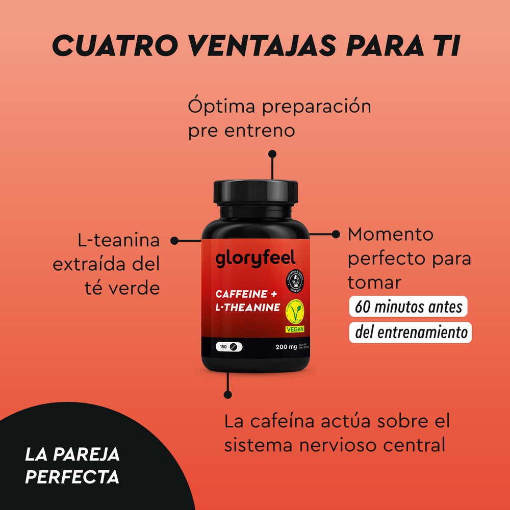 La etiqueta de Cafeína + L-teanina en tabletas de gloryfeel GmbH España indica sus beneficios para una preparación óptima antes del entrenamiento, recomendando tomarla 60 minutos antes del ejercicio. Contiene L-teanina del té verde y cafeína, que afecta al sistema nervioso central.