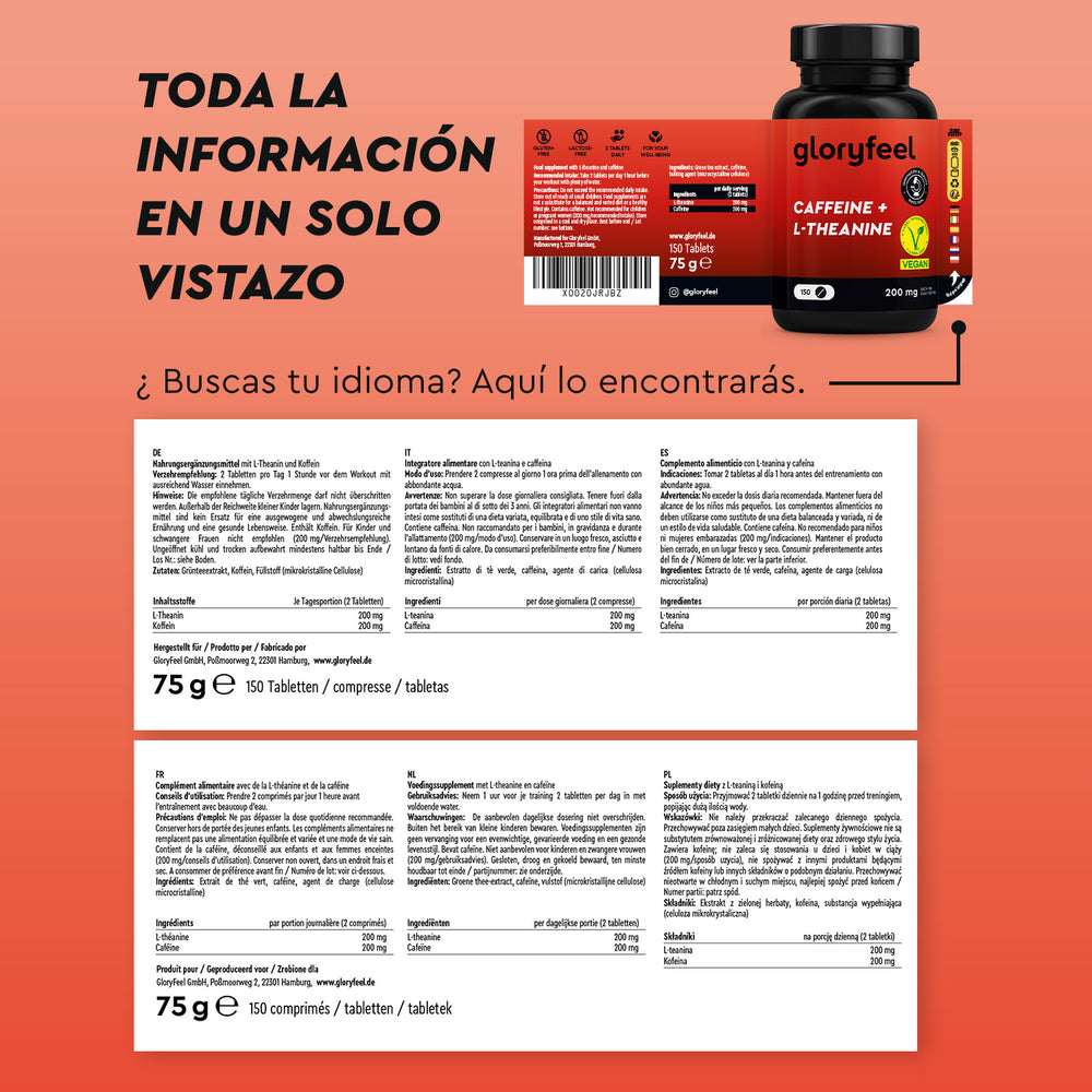 El frasco del suplemento etiquetado &quot;Cafeína + L-teanina en tabletas&quot; de gloryfeel GmbH España presenta un texto multilingüe sobre un fondo naranja degradado.