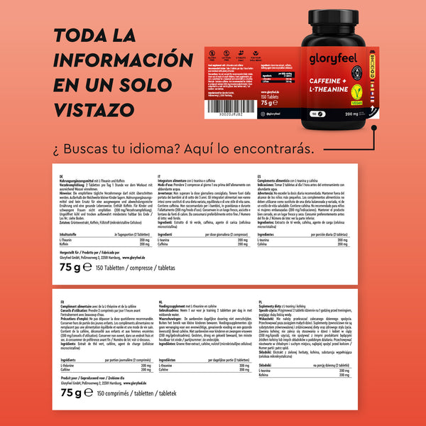 El frasco del suplemento etiquetado &quot;Cafeína + L-teanina en tabletas&quot; de gloryfeel GmbH España presenta un texto multilingüe sobre un fondo naranja degradado.