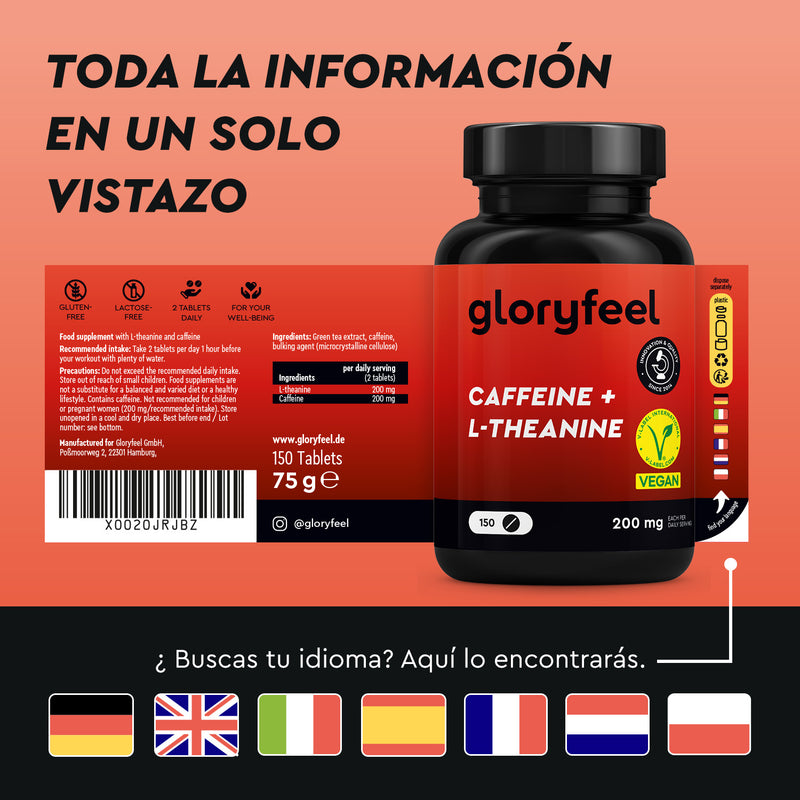 Un frasco de Cafeína + L-teanina en tabletas, 150 tabletas, de gloryfeel GmbH España, con una etiqueta roja y negra. Detalles del producto en español con opciones de idioma y seis banderas de países debajo.