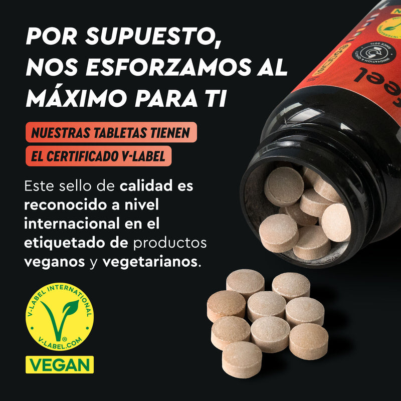 La botella de Cafeína + L-teanina en tabletas de gloryfeel GmbH España cuenta con una etiqueta con certificación V-Label International, garantizando la calidad para productos veganos y vegetarianos.
