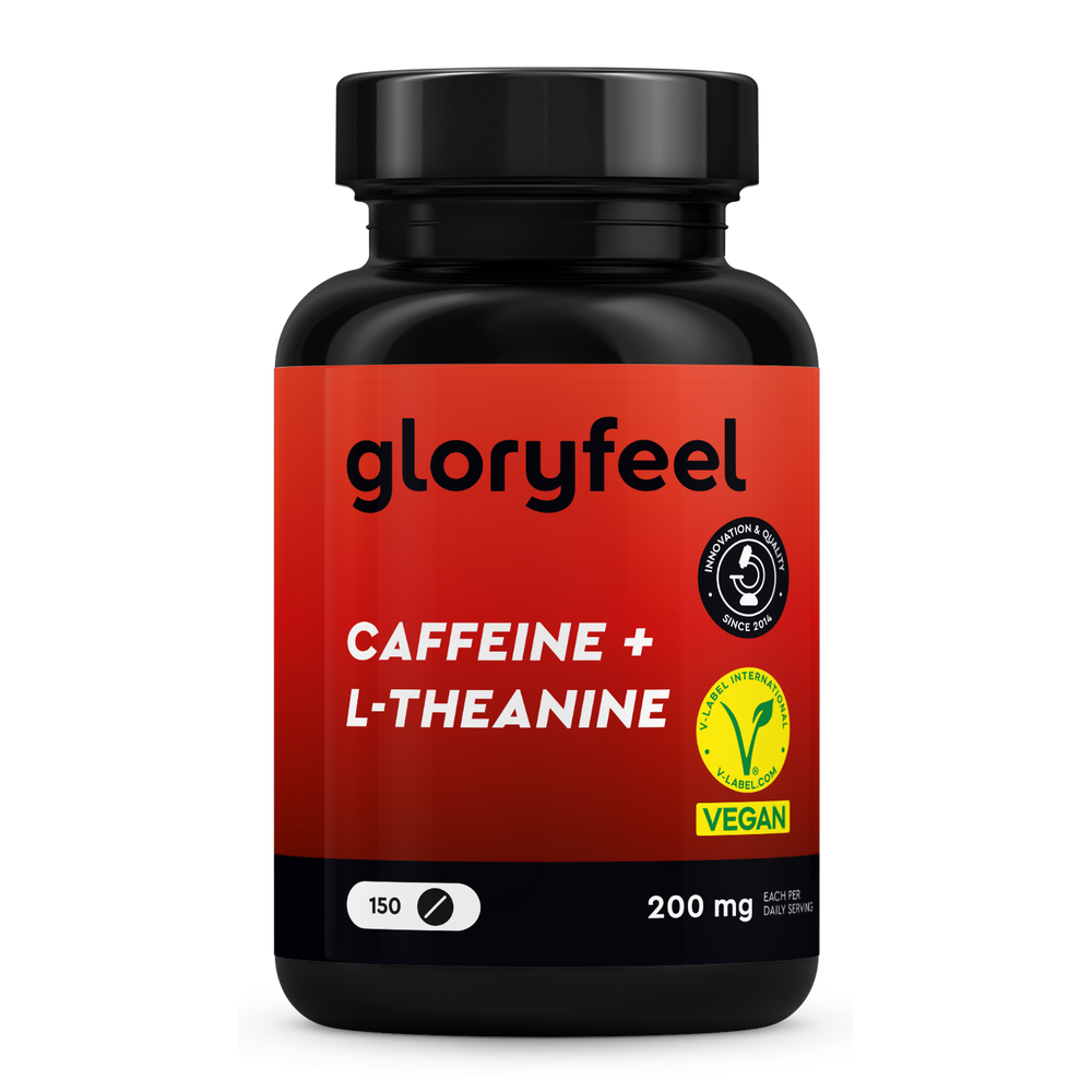 El producto de Gloryfeel GmbH España, &quot;Cafeína + L-teanina en tabletas&quot;, ofrece un suplemento vegano con 150 cápsulas, cada dosis de 200 mg. El frasco lleva la etiqueta &quot;Nuevo&quot; dentro de un círculo azul.