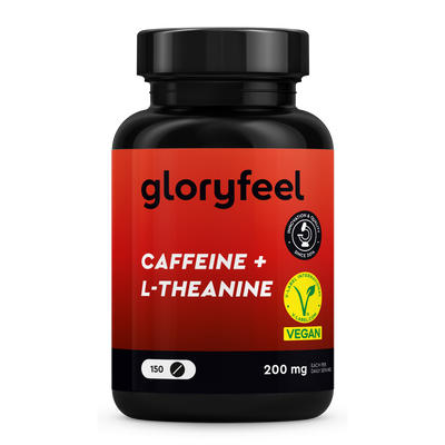 El producto de Gloryfeel GmbH España, "Cafeína + L-teanina en tabletas", ofrece un suplemento vegano con 150 cápsulas, cada dosis de 200 mg. El frasco lleva la etiqueta "Nuevo" dentro de un círculo azul.