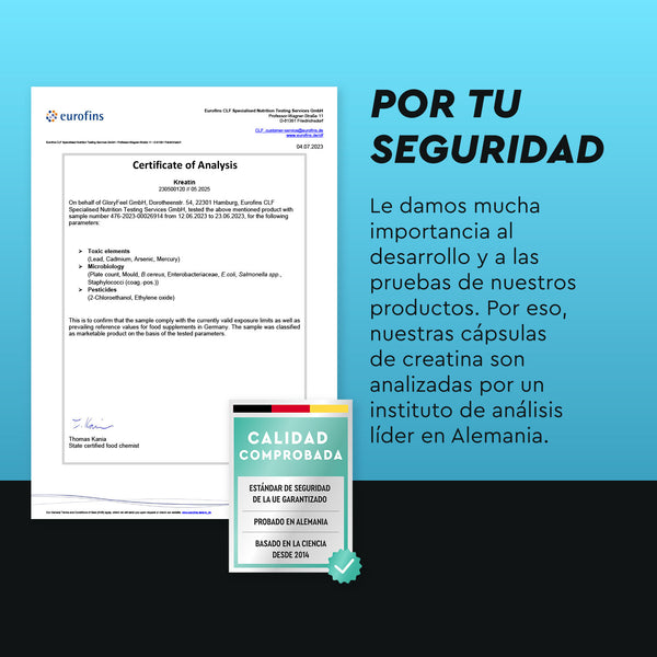 Certificado de análisis de Creatina - del monohidrato de creatina de gloryfeel GmbH, destacando pruebas en laboratorios líderes en Alemania para garantizar calidad y el mejor rendimiento físico.