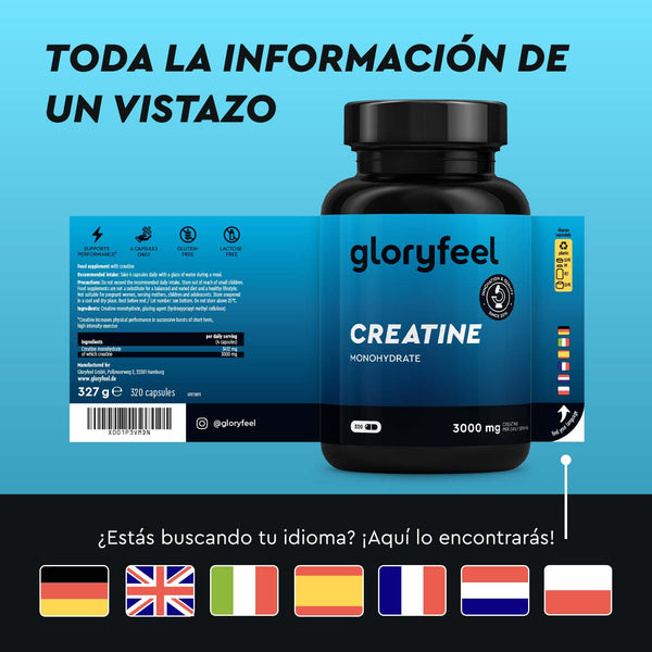 Una botella de Creatina - del monohidrato de creatina de gloryfeel GmbH, 3000 mg, 330 cápsulas; detalles del producto en español y selección de idioma disponible para apoyar tu rendimiento físico.
