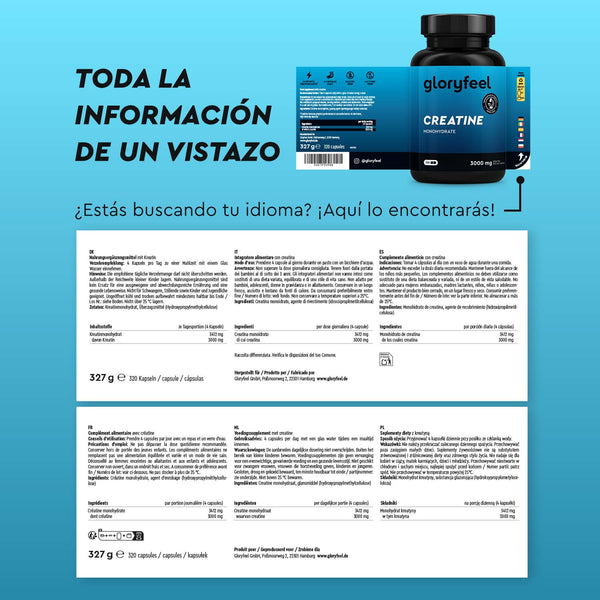 La etiqueta de Creatina - del monohidrato de creatina de gloryfeel GmbH muestra información sobre el producto e ingredientes en varios idiomas sobre un fondo azul, formulado para favorecer tu rendimiento físico.