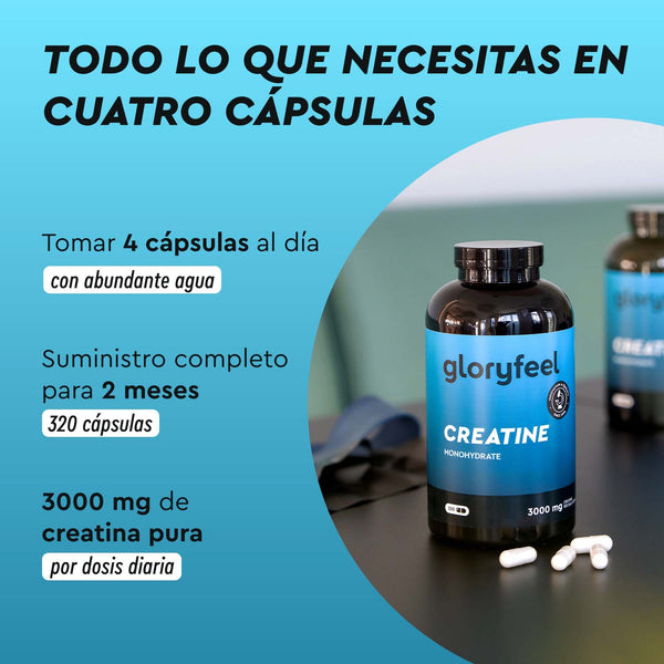 Una botella de gloryfeel GmbH Creatina - del monohidrato de creatina se sienta en una mesa negra; la etiqueta destaca la dosis, la duración del suministro y el contenido diario de creatina para apoyar tu rendimiento físico.