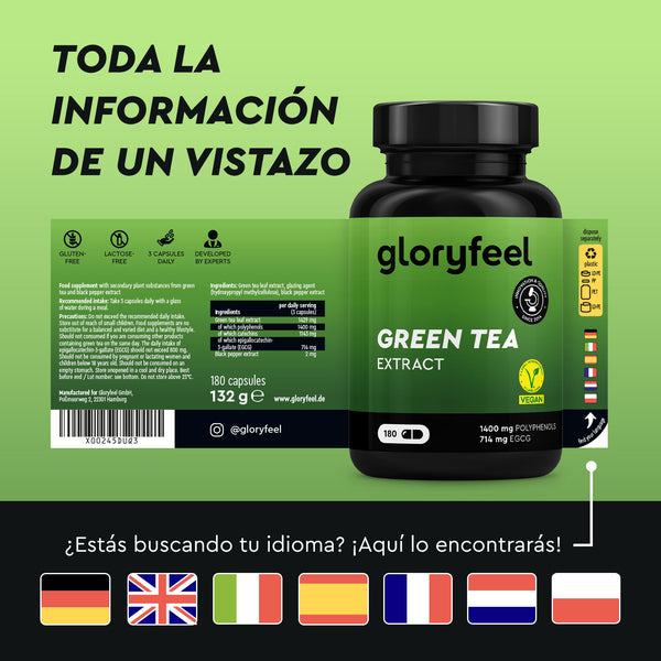 El Extracto de Té Verde de gloryfeel GmbH España incluye 180 cápsulas veganas, sin gluten, con información disponible en varios idiomas.