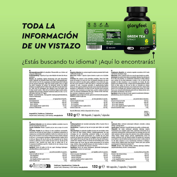 Extracto de Té Verde de gloryfeel GmbH España viene con un folleto multilingüe que destaca los ingredientes y detalles del producto.