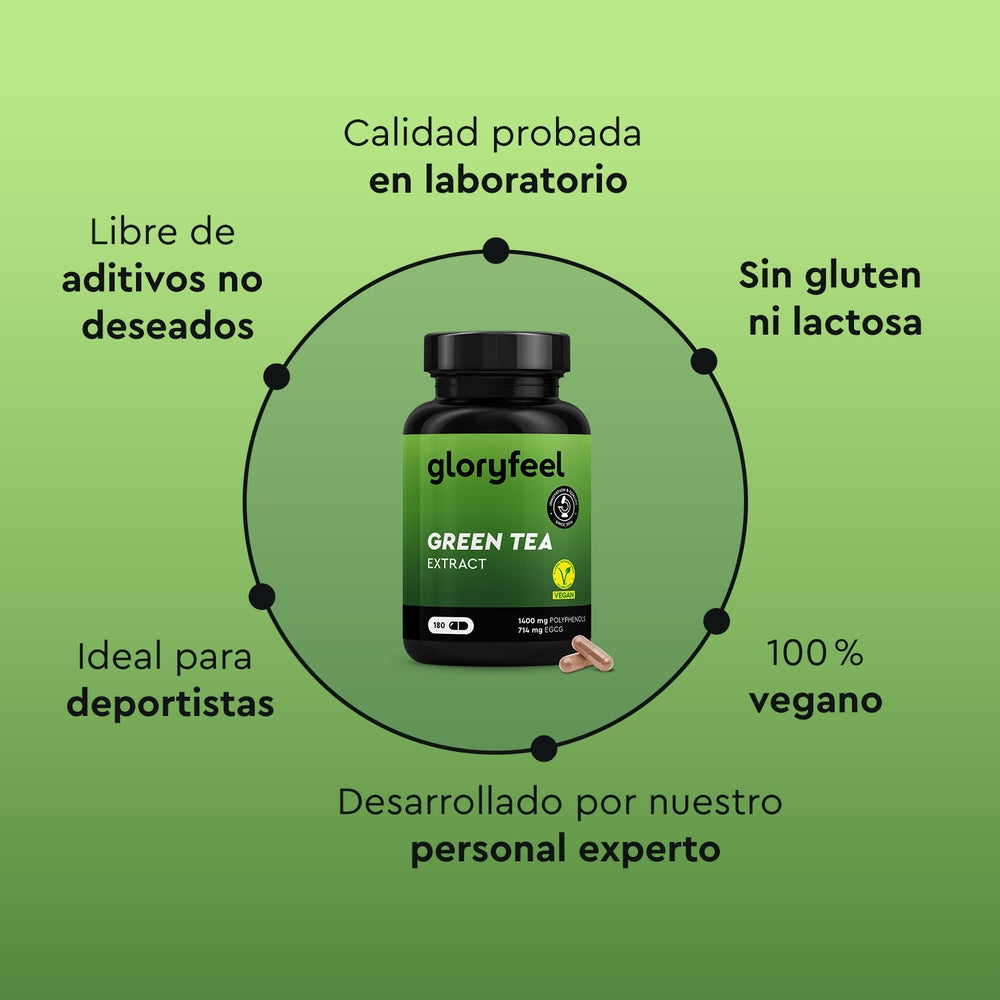 Botella de Extracto de Té Verde de Gloryfeel GmbH España sobre fondo verde con texto: &quot;Calidad probada en laboratorio&quot;, &quot;Libre de aditivos no deseados&quot;, &quot;Sin gluten ni lactosa&quot;, &quot;100% vegano&quot;, &quot;Ideal para deportistas&quot;.