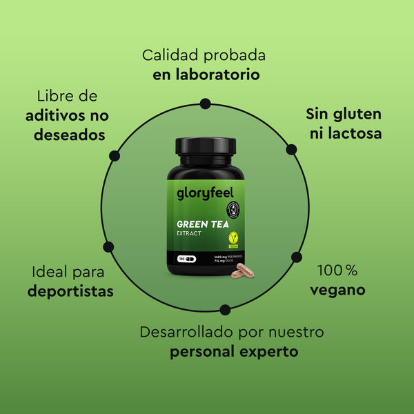Botella de Extracto de Té Verde de Gloryfeel GmbH España sobre fondo verde con texto: &quot;Calidad probada en laboratorio&quot;, &quot;Libre de aditivos no deseados&quot;, &quot;Sin gluten ni lactosa&quot;, &quot;100% vegano&quot;, &quot;Ideal para deportistas&quot;.