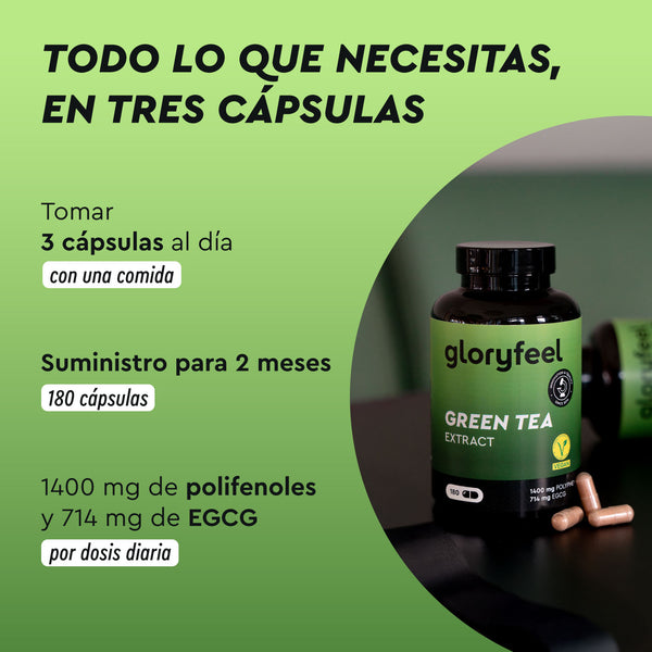 El Extracto de Té Verde de gloryfeel GmbH España se presenta en un frasco de cápsulas con fondo verde. Tomar 3 cápsulas al día con una comida durante 2 meses (180 cápsulas en total) para obtener 1400 mg de polifenoles y 714 mg de EGCG por dosis diaria.