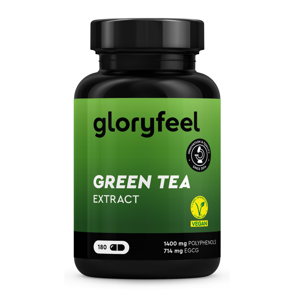 Botella de Extracto de Té Verde de gloryfeel GmbH España, vegano, con 180 cápsulas que contienen 1400 mg de polifenoles y 714 mg de EGCG.