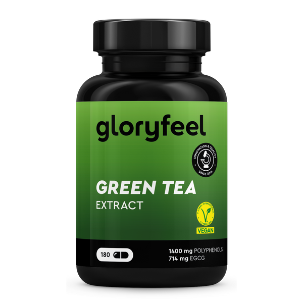 Botella de Extracto de Té Verde de gloryfeel GmbH España, vegano, con 180 cápsulas que contienen 1400 mg de polifenoles y 714 mg de EGCG.