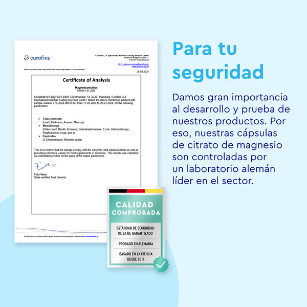 El certificado de análisis Eurofins para Dicitrato de Trimagnesio de GloryFeel subraya el control de calidad, con un sello de calidad y declaraciones sobre la garantía de seguridad del producto y la biodisponibilidad mejorada.