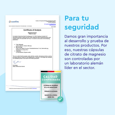 El certificado de análisis Eurofins para Dicitrato de Trimagnesio de GloryFeel subraya el control de calidad, con un sello de calidad y declaraciones sobre la garantía de seguridad del producto y la biodisponibilidad mejorada.