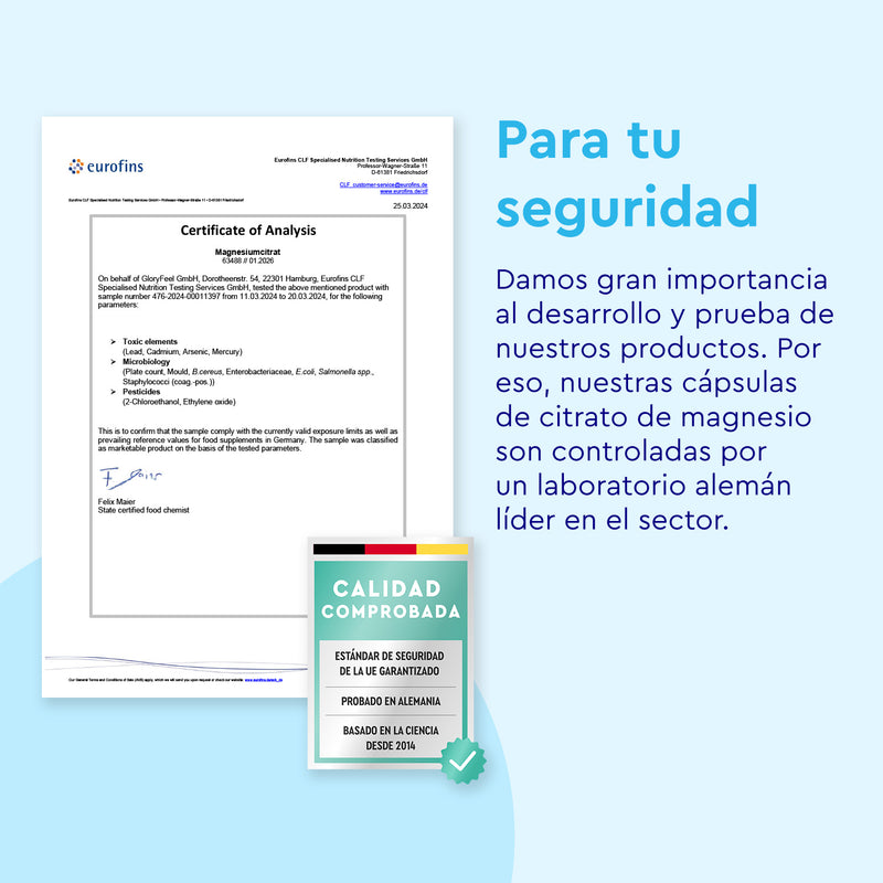 El certificado de análisis Eurofins para Dicitrato de Trimagnesio de GloryFeel subraya el control de calidad, con un sello de calidad y declaraciones sobre la garantía de seguridad del producto y la biodisponibilidad mejorada.