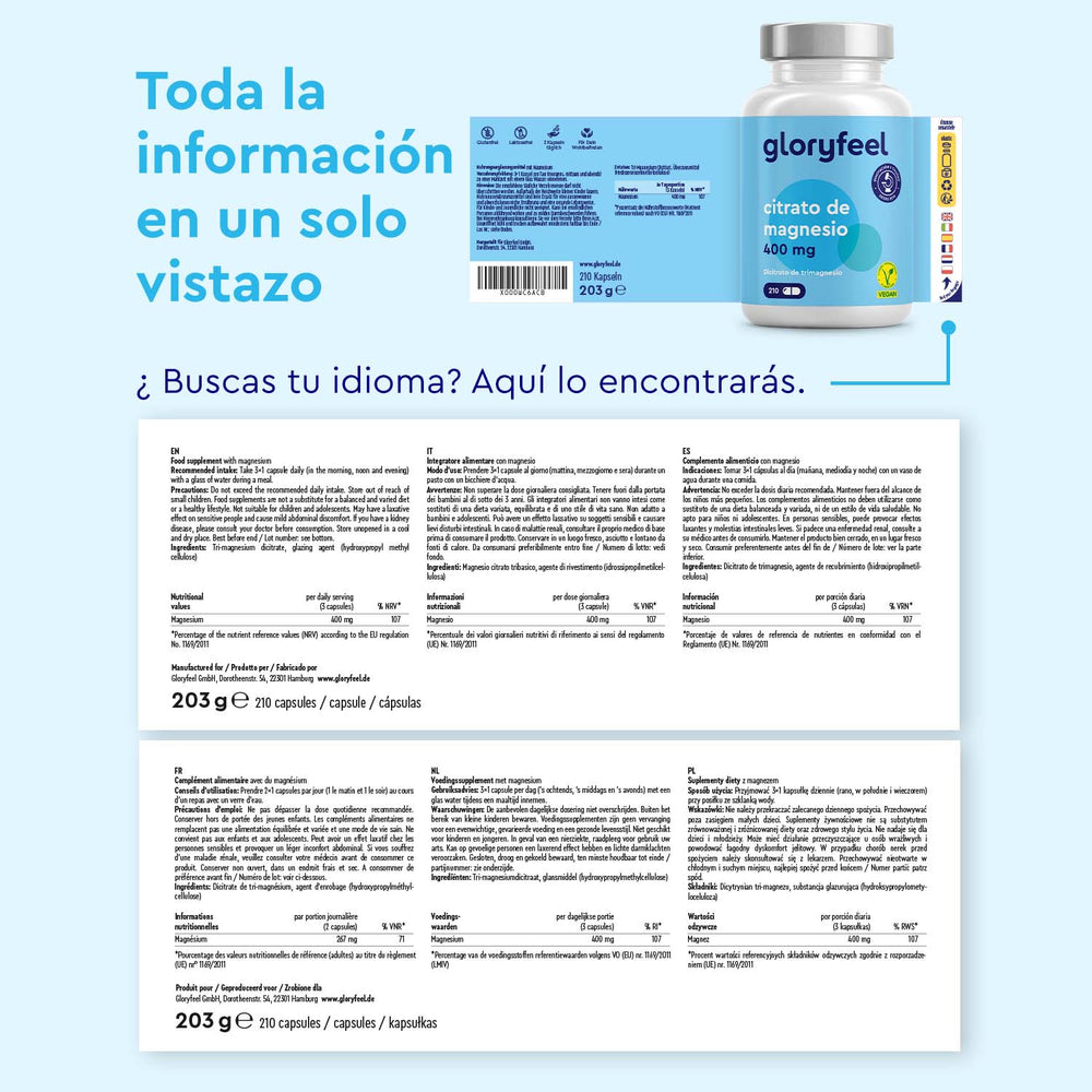 El Dicitrato de Trimagnesio de GloryFeel cuenta con una etiqueta multilingüe que detalla su alta biodisponibilidad. Ofrece amplia información del producto en español, inglés, italiano, holandés, polaco y francés para una experiencia versátil con un suplemento alimenticio.