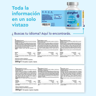 El Dicitrato de Trimagnesio de GloryFeel cuenta con una etiqueta multilingüe que detalla su alta biodisponibilidad. Ofrece amplia información del producto en español, inglés, italiano, holandés, polaco y francés para una experiencia versátil con un suplemento alimenticio.