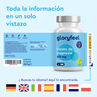 Una botella de Dicitrato de Trimagnesio de GloryFeel, etiquetada en español, está adornada con banderas e iconos que indican que es vegano y sin gluten. El fondo destaca que este suplemento alimenticio incluye información completa del producto en varios idiomas.