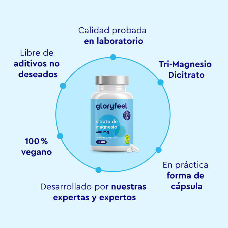 El Dicitrato de Trimagnesio de GloryFeel se presenta en cápsulas, con una calidad comprobada en laboratorio. Es 100 % vegano, libre de aditivos no deseados y desarrollado por expertos. Este suplemento ofrece una alta biodisponibilidad y es un complemento dietético esencial.