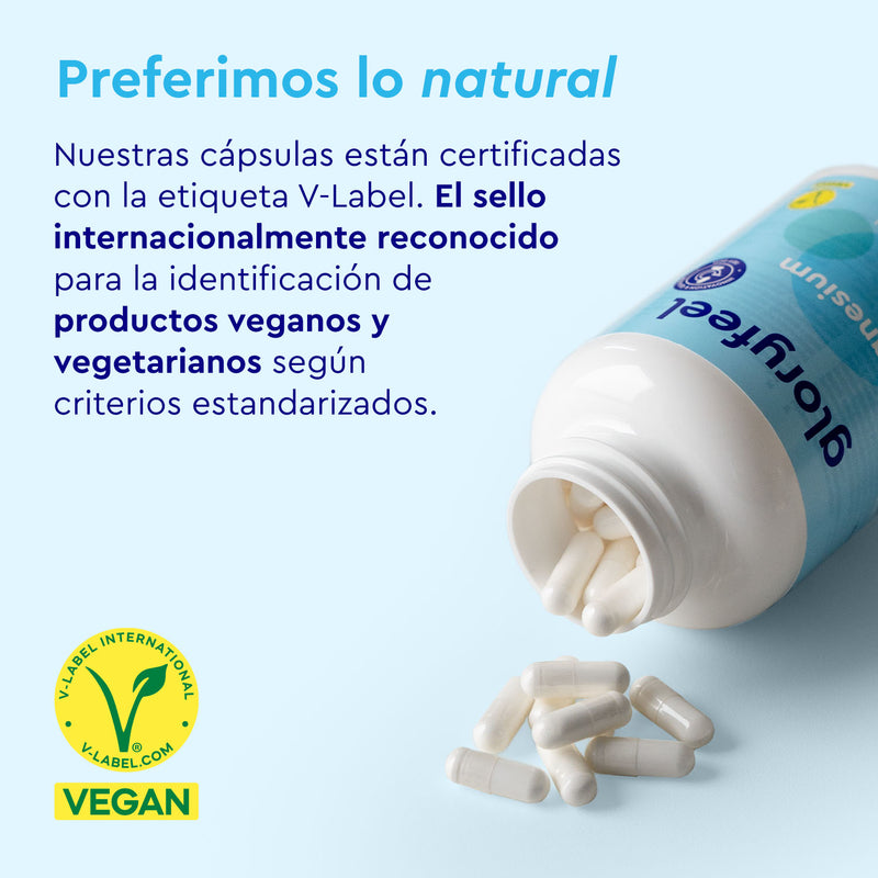 Una botella de Dicitrato de Trimagnesio de GloryFeel, con cápsulas blancas sobre una superficie azul, está certificada vegana con la etiqueta V, lo que enfatiza la biodisponibilidad de su magnesio para una absorción óptima.