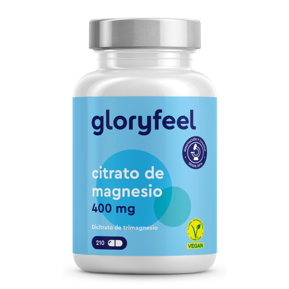 El frasco de &quot;Dicitrato de Trimagnesio&quot; de GloryFeel tiene un diseño azul y un símbolo vegano, lo que resalta su función como suplemento alimenticio. Con 210 comprimidos, garantiza una alta biodisponibilidad para una óptima absorción del magnesio.
