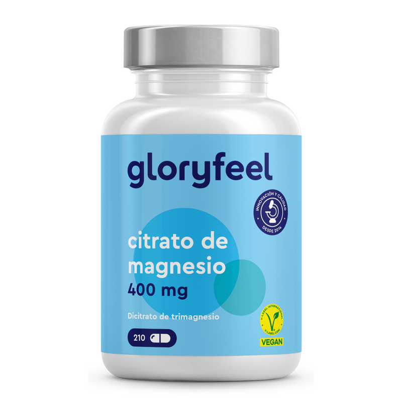 El frasco de "Dicitrato de Trimagnesio" de GloryFeel tiene un diseño azul y un símbolo vegano, lo que resalta su función como suplemento alimenticio. Con 210 comprimidos, garantiza una alta biodisponibilidad para una óptima absorción del magnesio.
