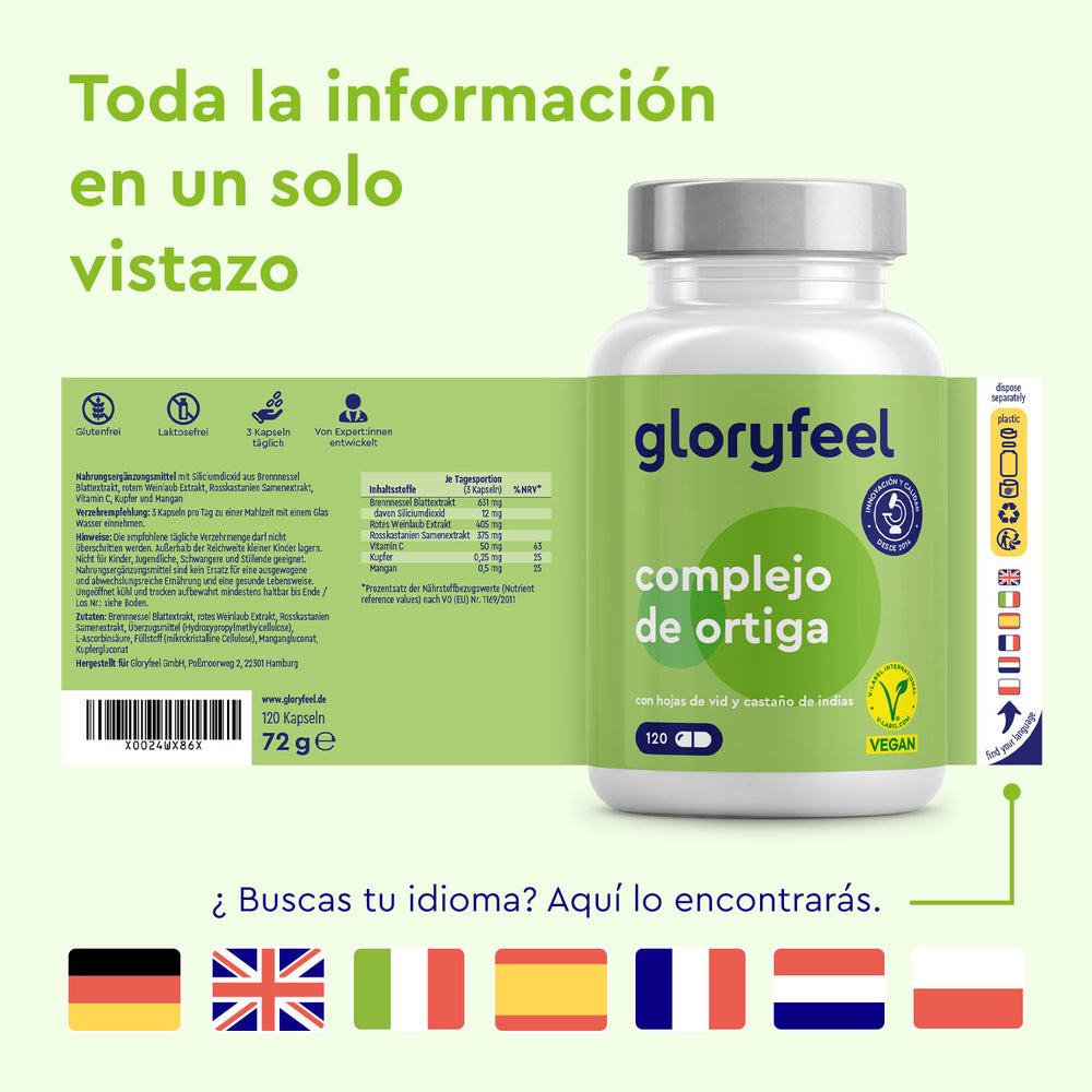 Una botella de Cápsulas de Ortiga de gloryfeel GmbH España, que muestra detalles del producto, lista de ingredientes y banderas que indican que la información está disponible en varios idiomas.