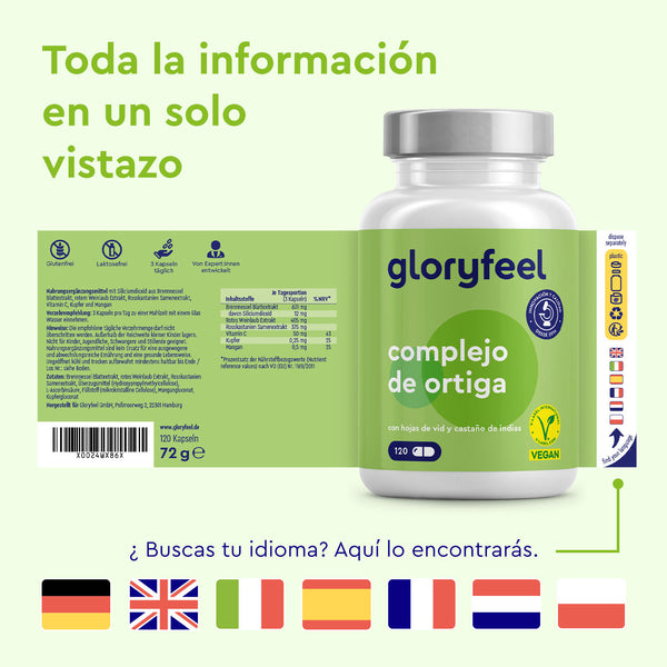 Una botella de Cápsulas de Ortiga de gloryfeel GmbH España, que muestra detalles del producto, lista de ingredientes y banderas que indican que la información está disponible en varios idiomas.