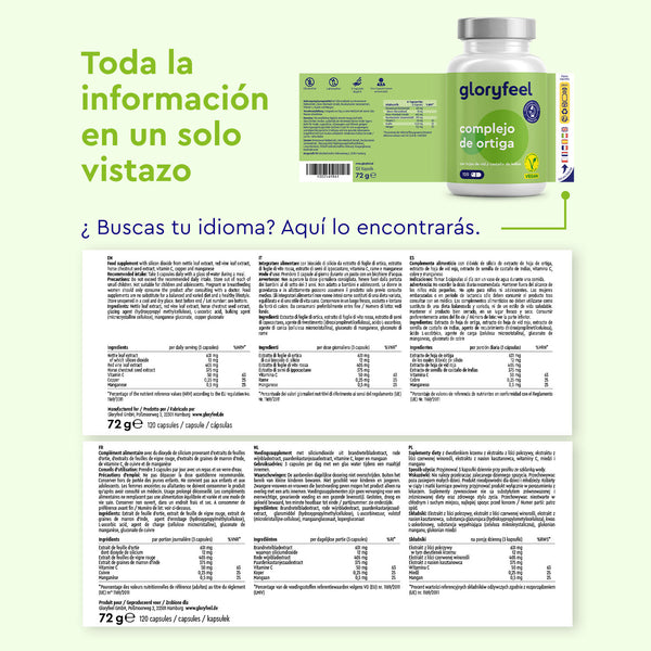 Una imagen que muestra una botella de Cápsulas de Ortiga de gloryfeel GmbH España, con su etiqueta visible y fichas de información del producto multilingües dispuestas debajo.