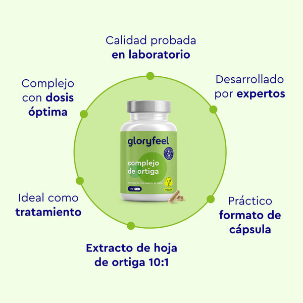 Se muestra un frasco de Cápsulas de Ortiga de gloryfeel GmbH España, con calidad probada en laboratorio, desarrollo experto, dosis óptima en formato cápsula y un extracto de hoja de ortiga 10:1.