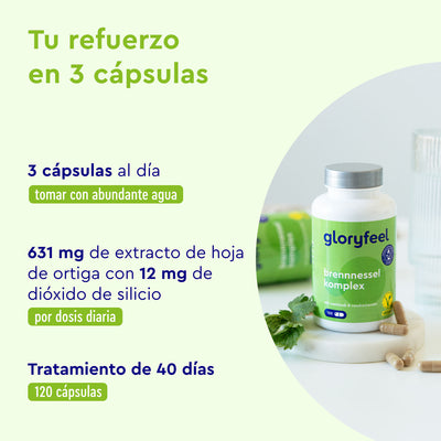 Botella de Cápsulas de Ortiga de gloryfeel GmbH España, etiquetada para un tratamiento de 40 días con 3 cápsulas diarias, cada una de ellas con extracto de hoja de ortiga y dióxido de silicio.
