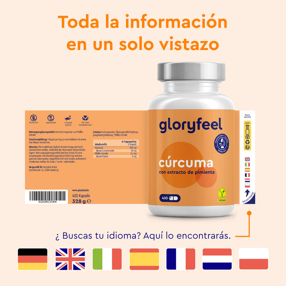 Una botella de Cúrcuma Intensiva de GloryFeel GmbH España muestra etiquetas e íconos detallados que dicen &quot;Toda la información en un solo vistazo&quot; en la parte superior. Banderas adornan la base y combina cúrcuma en polvo con extracto de pimienta en una cápsula de hidroxipropilmetilcelulosa.