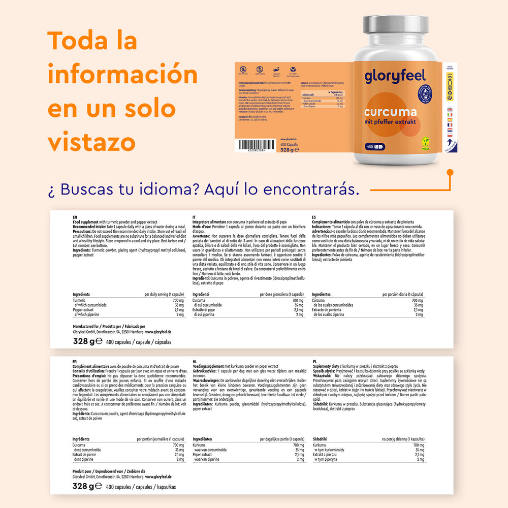 El suplemento Cúrcuma Intensiva de GloryFeel GmbH España incluye información nutricional multilingüe, imagen del producto, detalles de la etiqueta y una lista de ingredientes que destaca la cúrcuma en polvo y el extracto de pimienta para un atractivo global.