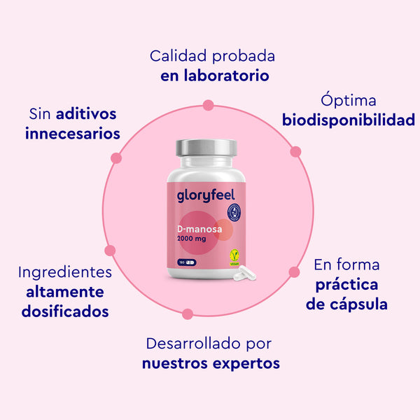 D-Manosa - 2000 mg al día de gloryfeel GmbH ocupa un lugar destacado en un frasco rosa, rodeado de texto en español que destaca su calidad, biodisponibilidad y formulación experta. Cerca se encuentran cápsulas veganas que enfatizan la dosis precisa para el cuidado de las vías urinarias.