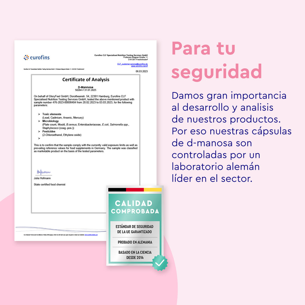 A la izquierda se encuentra el certificado de análisis de D-Manosa - 2.000 mg al día de gloryfeel GmbH. A la derecha, el texto en español destaca la seguridad del producto para las vías urinarias y menciona las pruebas realizadas por un laboratorio alemán. En la parte inferior aparece un sello de calidad.