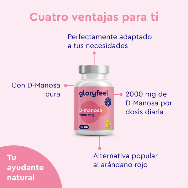 D-Manosa - 2000 mg al día de gloryfeel GmbH es un suplemento de D-manosa pura que ofrece 2000 mg por dosis. Es una alternativa popular al arándano rojo, ideal para el apoyo de las vías urinarias y viene en prácticas cápsulas veganas.